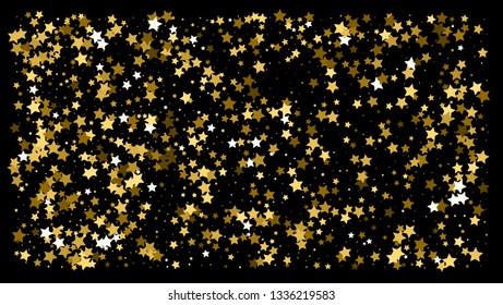 Golden glitter star confetti on a black background. Illustration of a drop of shiny gold stars. Decorative element. VIP cards, invitations, gift, luxury background for your design.