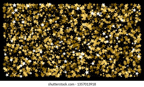Golden glitter star confetti on a black background. Illustration of a drop of shiny gold stars. Decorative element. VIP cards, invitations, gift, luxury background for your design.