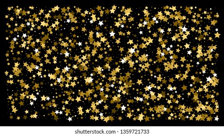 Golden glitter star confetti on a black background. Illustration of a drop of shiny gold stars. Decorative element. VIP cards, invitations, gift, luxury background for your design.