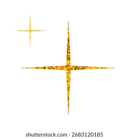 Golden glitter star with long thin rays. Shining decorative sparkle element for festive backgrounds, holiday graphics and elegant celebration design Vector illustration on transparent background