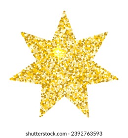 Goldener glänzender Stern mit sieben Strahlen einzeln auf weißem Hintergrund. Frische, Vektorgrafik-Urlaubsattdekor, metallisches Element.