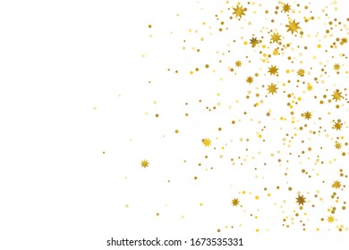 Golden glitter stars confetti. Illustration of a drop of shiny particles. Decorative element. Luxury background for your design, cards, invitations, gift, vip. 