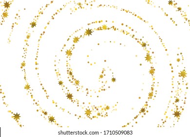 Golden glitter stars confetti. Illustration of a drop of shiny particles. Decorative element. Luxury background for your design, cards, invitations, gift, vip. 