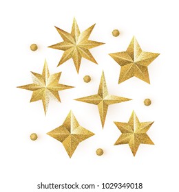 Golden Glitter Stars vector set isolated on white background. 
Glittering Christmas star icon. Design element for holidays.