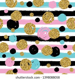 Golden glitter stripes texture with hand draw black, pink and blue circles. Seamless pattern