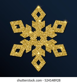 Golden glitter superb snowflake. Luxurious christmas design element with golden glitter snowflake, golden dust and sparkles. Golden snowflake vector illustration.