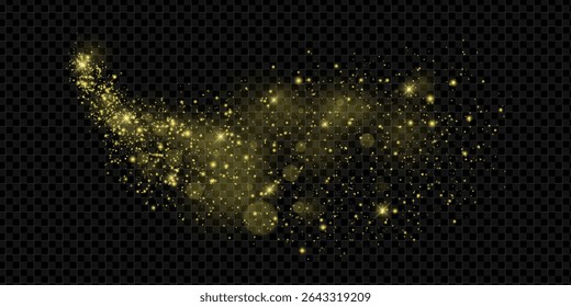 Golden glitter swirl with shiny stars and sparkling dust trail. Festive wave on dark background evokes magic and luxury. Perfect for holiday, birthday or Christmas celebration. 3D vector illustration.