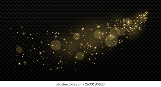 Golden glitter swirl with stardust particles and confetti spark. Trail of magical dust and glow on transparent background. Abstract festive effect for luxury or holiday themes.