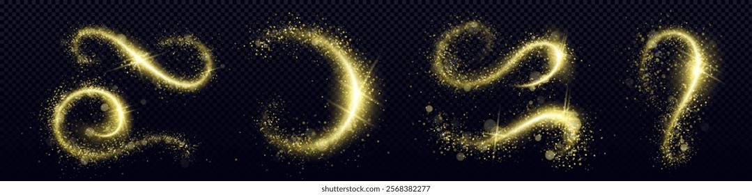 Golden glitter swirls set isolated on transparent background. Vector realistic illustration of yellow dust vortex, abstract glowing light trails, Christmas magic effect, sparkling star tail, stardust