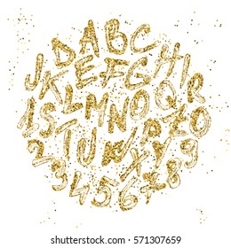 Golden glitter text  in a round composition with glitter sprinkled