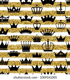 Golden glitter texture with hand draw white  lines and crowns seamless pattern in gold style. Celebration metallic background. 