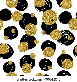 Golden glitter texture with hand draw black,golden, circles seamless pattern in gold style . Vector design. Celebration metallic background.