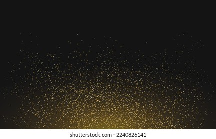 Golden glitter texture on black background. Shining golden confetti particles. Abstract grainy effect. Vector illustration