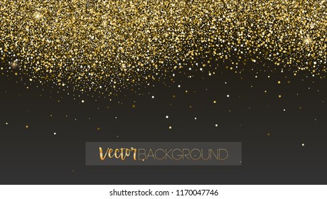 Golden glitter texture. Sparkling snow dust falling down. Template for New year and Christmas cards. Shining vector background for cover, luxury invitation, birthday or holiday cards, certificate.