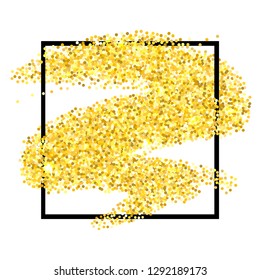 Golden glitter texture square border isolated over white background. Abstract scattered sparkles of confetti. Bright celebration vector illustration.