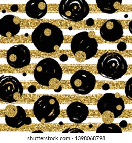 Golden glitter texture stripes with hand draw gold and black circles seamless pattern