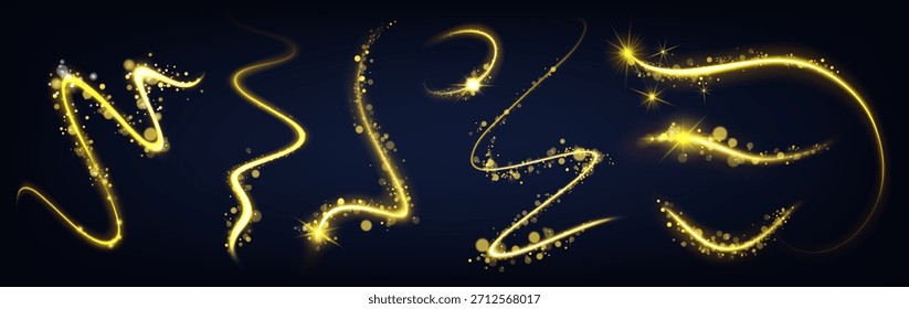 Trilha dourada. Luz de efeito. Partículas de estrelas mágicas. Ondas de espiral de poeira, brilho amarelo. Brilho de fogo realista. Partícula Shimmer. Linhas brilhantes festivas curvas ilustração isolada do vetor de poeira estelar
