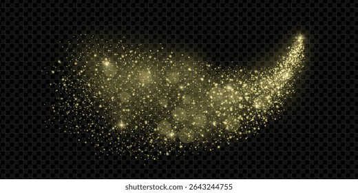 Golden glitter trail with glowing sparkles and magical stardust swirl on dark background. Bright wave of shimmer, dust and twinkle effects. Perfect for Christmas, fairy or luxury themed vector design.