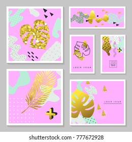 Golden Glitter Tropical Cards Set. Memphis Abstract Poster, Banner, Placard Template with Gold Palm Leaves. Vector illustration