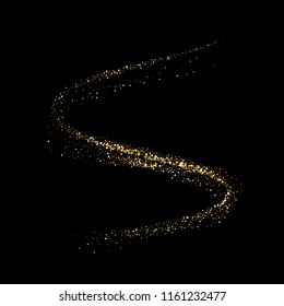 Golden glitter twist wave of sparkling glittery particles. Vector glare wave or gold light trail on premium luxury background with glittery mist effect