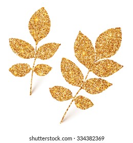 Golden glitter vector leaves isolated on white background