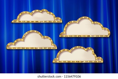 Golden glitter vector speech bubble frame isolated on dark blue background. vector illustration