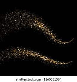 Golden glitter wave of comet trace with shiny glare effect. Vector abstract gold flare or sparkling particles on premium luxury background