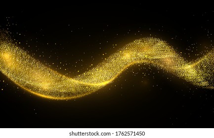 Golden glitter wave of comet trace. Star dust trail sparkling particles on transparent background. Gold confetti glittering wave. Light effect. Vector abstract gold flare