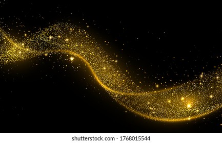 Golden glitter wave of comet trace. Star dust trail sparkling particles on transparent background. Gold confetti glittering wave. Light effect. Vector abstract gold flare