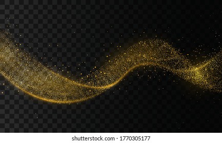 Golden glitter wave of comet trace. Star dust trail sparkling particles on transparent background. Gold confetti glittering wave. Light effect. Vector.