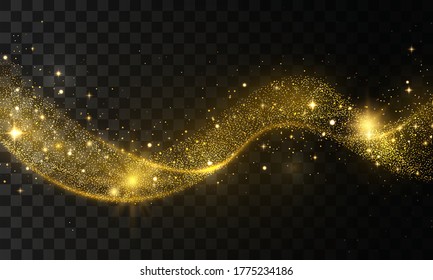 Golden glitter wave of comet trace. Star dust trail sparkling particles on transparent background. Gold confetti glittering wave. Light effect. Vector abstract gold flare