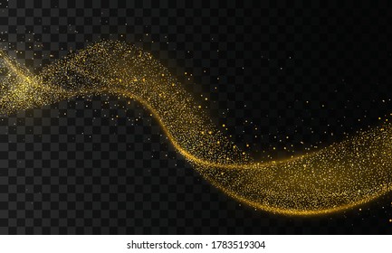 Golden glitter wave of comet trace. Star dust trail sparkling particles on transparent background. Gold confetti glittering wave. Light effect. Vector.