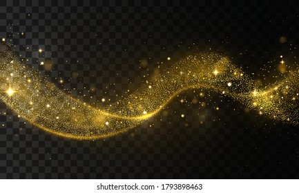 Golden glitter wave of comet trace. Glowing star dust trail sparkling particles on transparent background. Shiny gold confetti glittering wave. Light effect. Vector design illustration