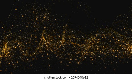 Golden glitter wave flow, shining particles and glowing sparkles. Vector background
