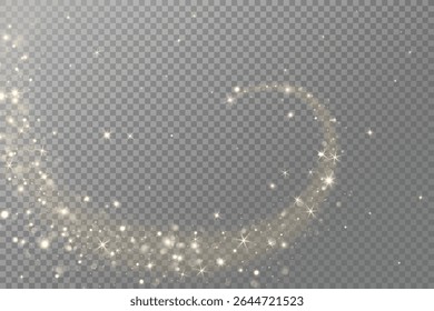 Golden glitter wave with sparkling lights, glow, and magic dust effect. For Christmas, party posters, celebration banners, festive photo overlays. Remove transparent background in vector file.
