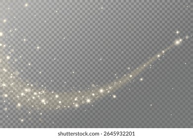 Golden glitter wave with sparkling lights, glow, and magic dust effect. For Christmas, party posters, celebration banners, festive photo overlays. Remove transparent background in vector file.