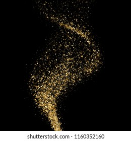 Golden glitter wave twist or sparkling particles mist or flame wave in space light. Vector abstract gold shine spiral twirl trace on black background