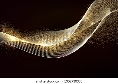 Golden Glitter Waves  Design. Abstract gold Lines. Shiny moving strips design element with glitter effect on dark background for xmas christmas card. Vector Illustration