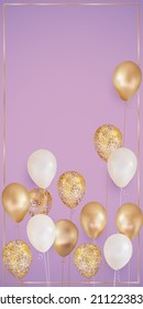 Golden, glitter and white realistic balloons on violet background, vector banner template