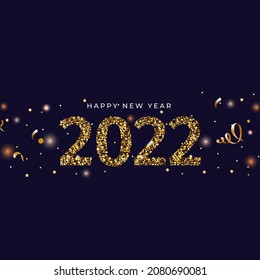 Golden Glittering 2022 Number With Curl Ribbons, Light Effect On Blue Background.