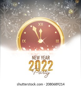 Golden Glittering 2022 Number With Wall Clock, Snowflakes, Light Effect On Gray And White Snowy Background.