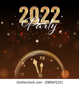 Golden Glittering 2022 Number With Wall Clock On Brown Bokeh Background For New Year Party.
