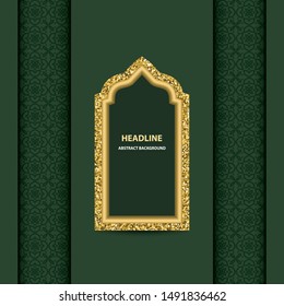 Golden glittering arabic window on green background.