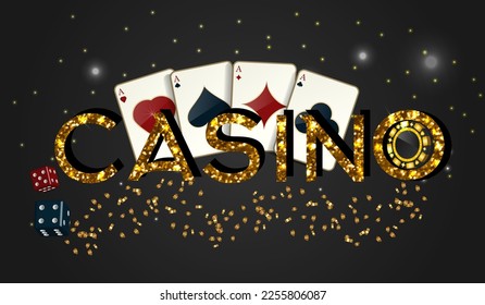 Golden glittering casino text for gambling banner design decorated with playing card, dices, poker chips, token.