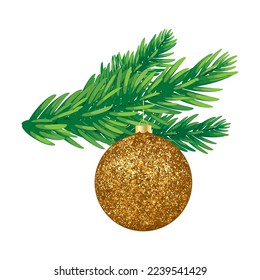 Golden glittering Christmas ball hanging on a spruce branch icon vector. Beautiful shiny luxury golden christmas bauble vector isolated on a white background