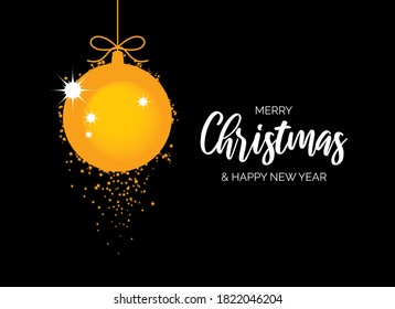 Golden glittering Christmas ball with Merry Christmas and Happy New Year Sign on a black background vector. Black Christmas greeting card with gold starry Christmas bauble vector