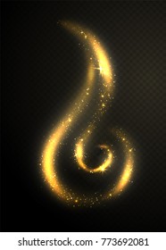 Golden glittering circle drop shape design element. Sparkle star dust with gold particles isolated on black transparent background. Vector illustration