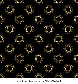 Golden glittering circles geometrical abstract seamless pattern. Gold round shapes made of tiny uneven dots or spangles background. Golden glitter circles on black background.