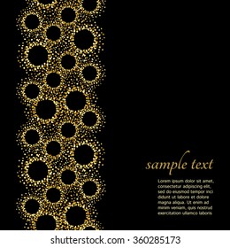 Golden glittering circles seamless border with space for text. Gold round shapes made of tiny uneven dots or spangles abstract background. Gold glitter circles frame on black backdrop. Design element.