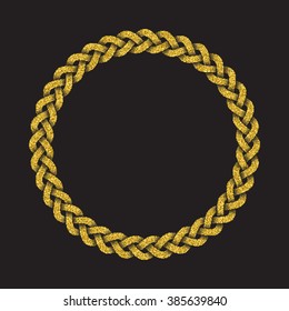 Golden glittering circular braided frame in Celtic style on black background. Gold ornament for jewelry design. Element for logo design.